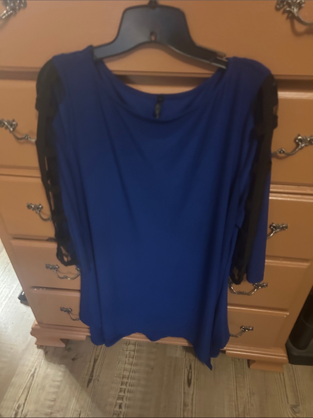 Women's Royal Blue Blouse with Black Lace Sleeves